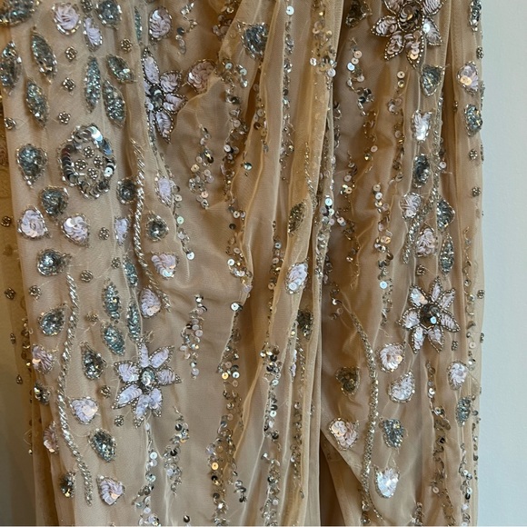 Mac Duggal Embellished One Shoulder Draped Maxi Gown Nude & Silver | Size 8 - Picture 9 of 16